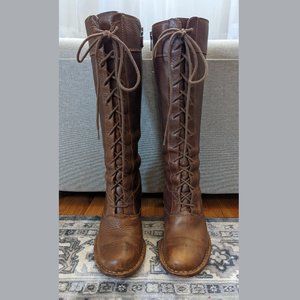 Frye Villager Lace Up Knee High High Heeled Brown/Bronze Leather Boots